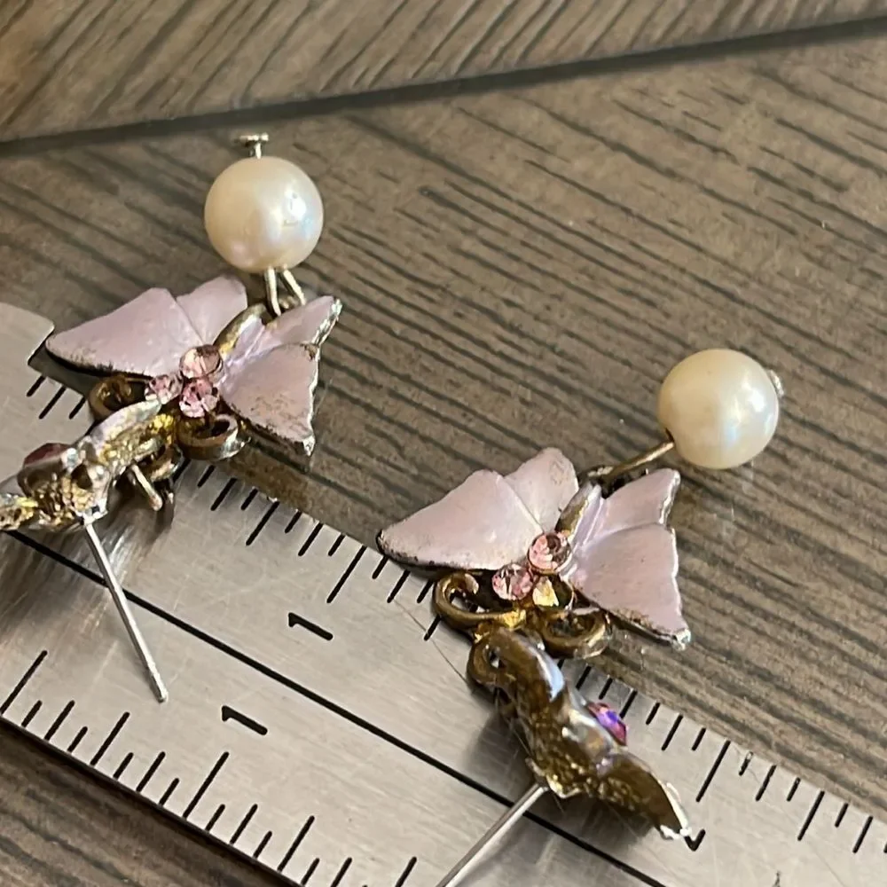 Vintage Pastel Floral and Butterfly Earrings, Dangle